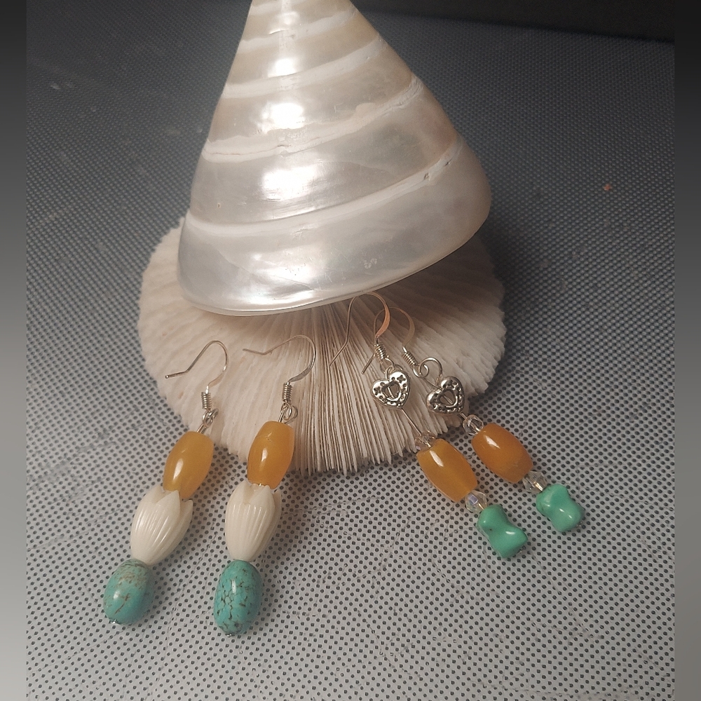 Golden jade bone pikake flower turquoise bead earrings .buy one or both